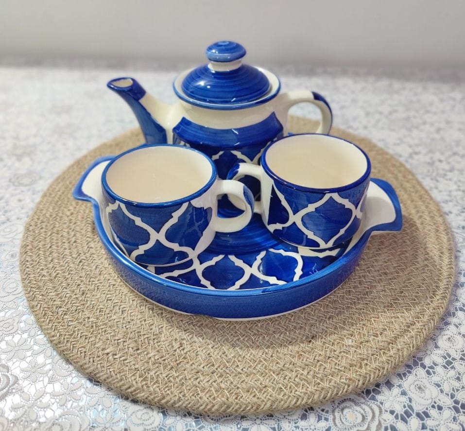 Homefrills Hand Painted Ceramic Tea Kettle Set with 2 Cups(150ml), 1 Kettle(400ml)& 1 Tray/Ceramic Good Morning Set- Set of 4 Colour-Blue,Microwave Safe view 2