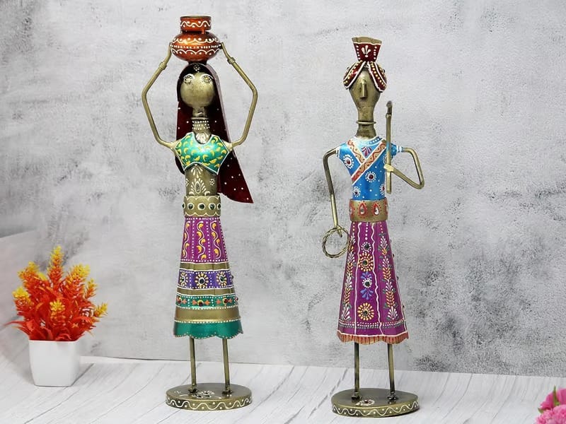 MOHD YASIN - Handmade Handpainted Tribal Rajasthani Kishan Couple Decorative Gift Item | Home Decor Showpiece | Multicolour | Length 4 inch x Height 15.5 inch | Set of 2 pcs | Unique Handicraft Accent view 2