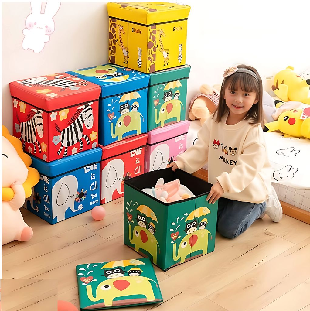 Faircost Kids Folding Multi Purpose Toy Storage Box Cum Chair Cartoon Printed Square Shaped Random Cartoon Print Multi Color view 2