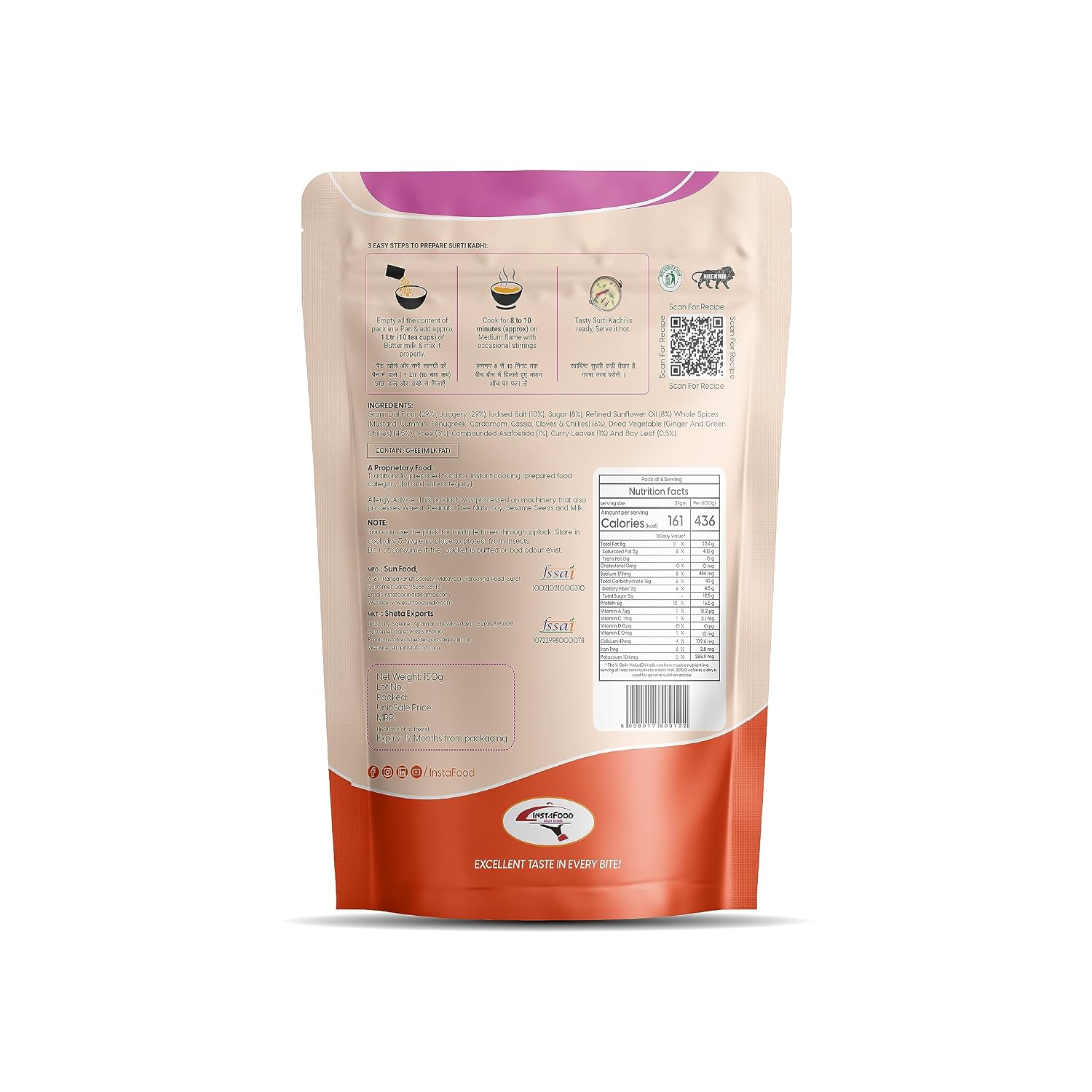 INSTAFOOD Surti Kadhi | Ready to Eat & Cook Meal | 3-4 Servings | After Cooking Gets 1 Litre to Serve | Zip Lock Packaging | Vegetarian Meal | Just Add Butter Milk And Cook, 150 gm view 2