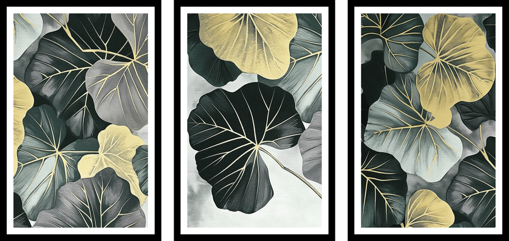 LEAVES AND FLOWER 3 PIECE FRAME 48in X 24in WITH BLACK FRAME view 2
