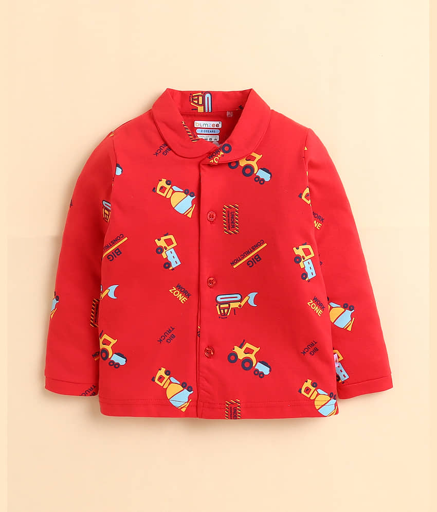 BUMZEE Pack of 1 Boys 100% Cotton Nightsuit Set ( Red ) view 2