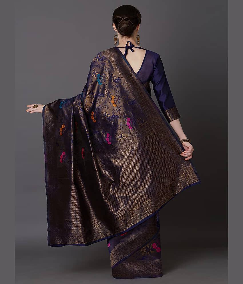 BLEESBURY Banarasi Silk Embellished Saree With Unstitched Blouse Piece ( Navy Blue ) view 2