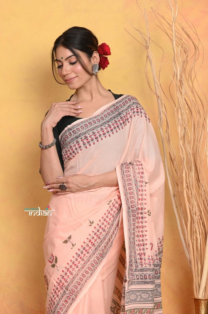 Handblock Printed Cotton Saree With Natural Dyes view 2