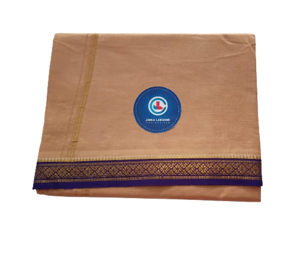 Jinka Lakshmi Collections 100% Handloom Biege Color Cotton Dhoti With Zari Border Up and Down 4 Meters Unstitched Pack of 2 (Multicolor-08) view 2
