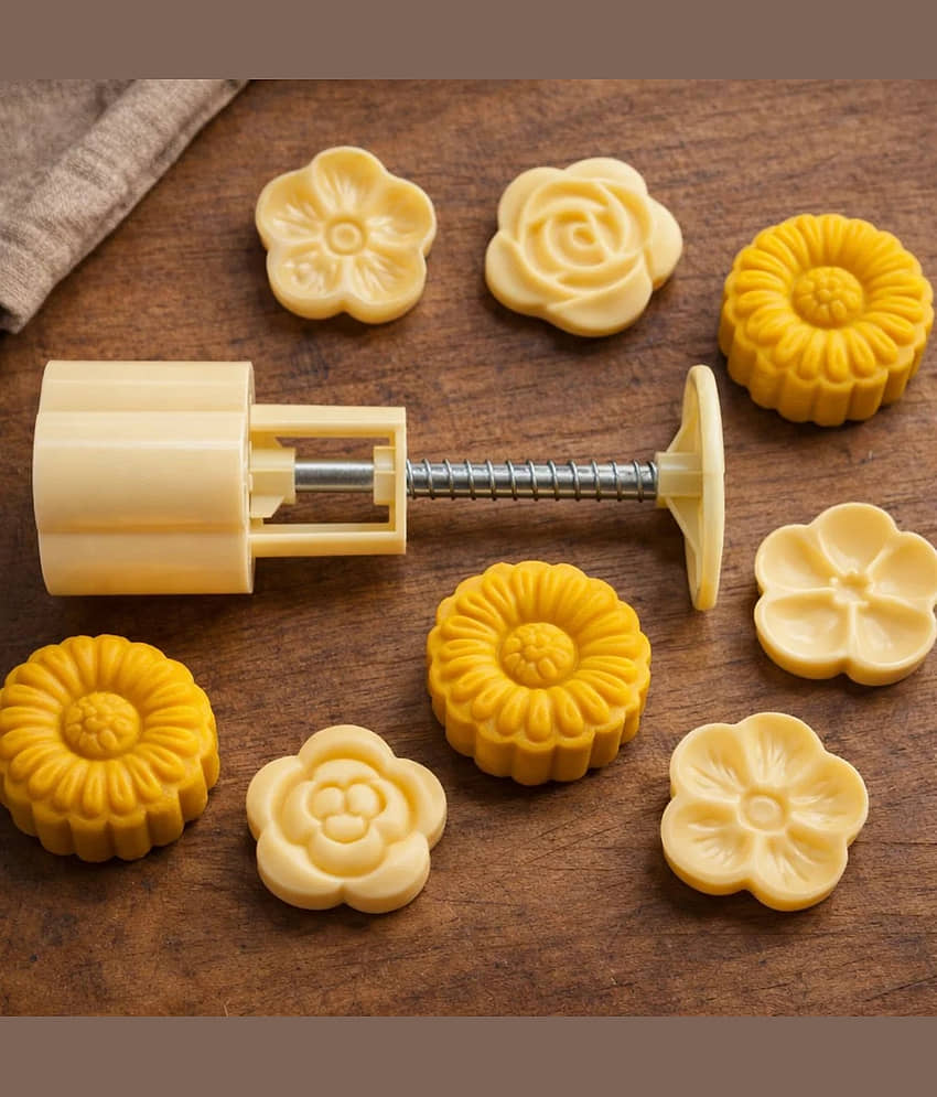 Reusable Mooncake Mold Press with 5 Stamps | DIY Cookie Biscuit Cutter Pastry Maker | Food Grade Plastic Kitchen Baking Tool | Traditional Festival Moon Cake Decorating Mold for Home Bakers view 2