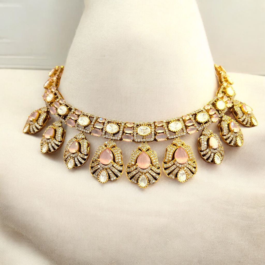 Exquisite Pink and White Kundan Necklace Set By Dia Art Jewels view 2