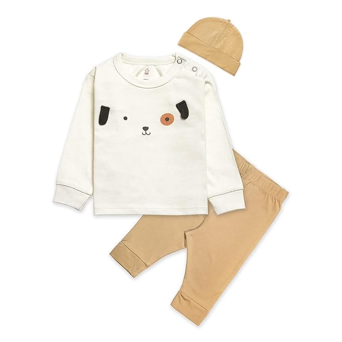 Newborn Baby Clothes Set, 3-Piece Organic Cotton Pajama Set with Long Sleeve Top, Pants, and Beanie, Cute Dog Design, Perfect for Baby Boys and Girls