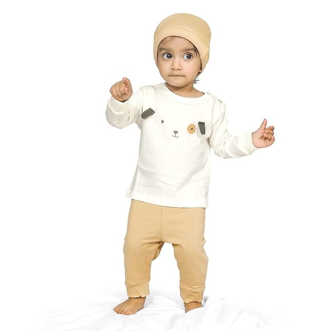Newborn Baby Clothes Set, 3-Piece Organic Cotton Pajama Set with Long Sleeve Top, Pants, and Beanie, Cute Dog Design, Perfect for Baby Boys and Girls view 2
