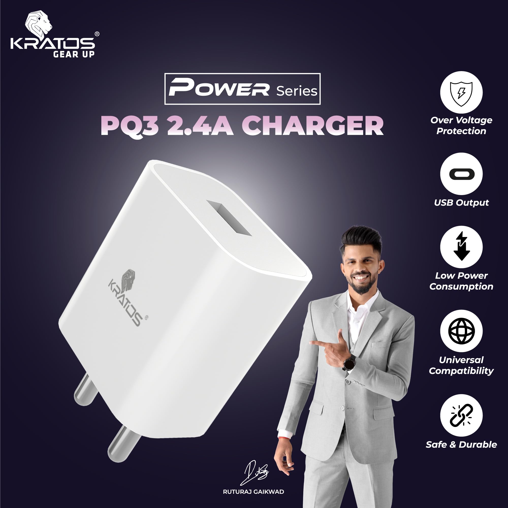 Kratos Power PQ3 12w Charger Adapter,Multi-Layer Protection, Travel-Friendly Design,Made in India, BIS Certified, Mobile Charger Adapter for Smartphones, Smartwaches, Earbuds & Other Gadgets view 2