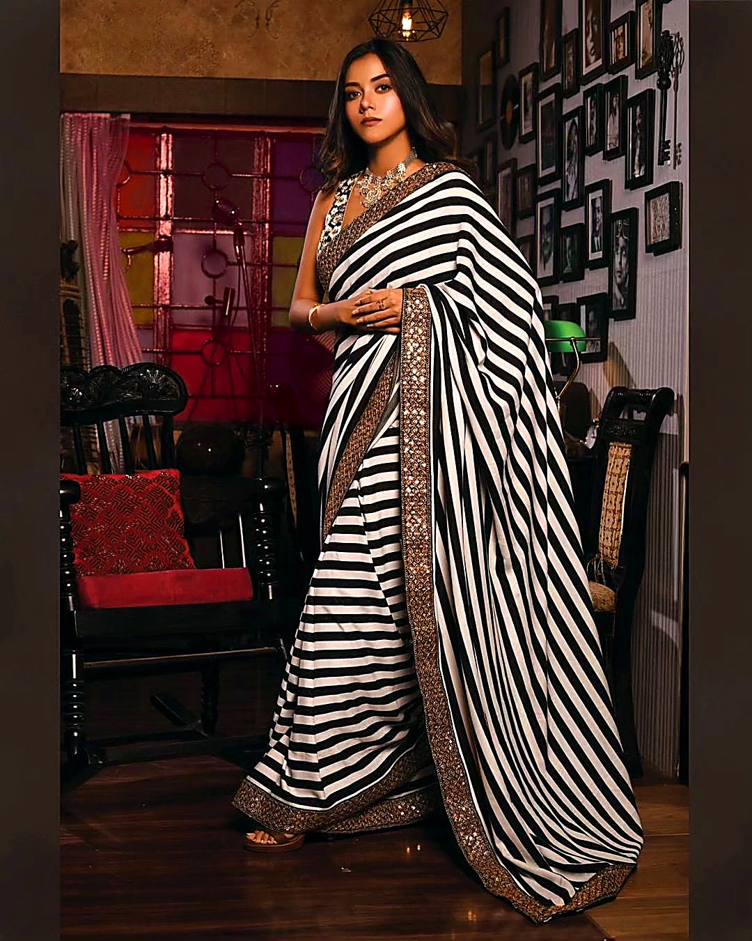 Black Georgette Saree with Digital Prints by SHIV TEXTILES view 2