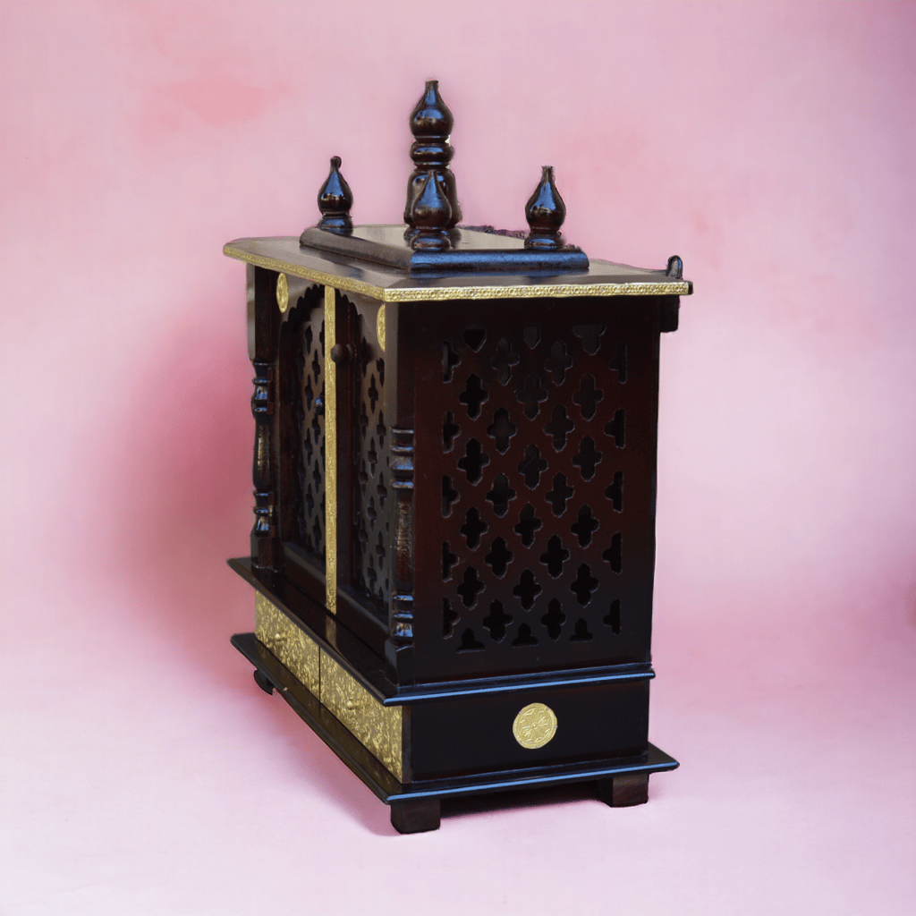 Wood Temple Mandir Handcrafted Hindu Pooja Ghar Mandap For Worship Brass Fitted Beautiful Home office Wall Decor Art view 2