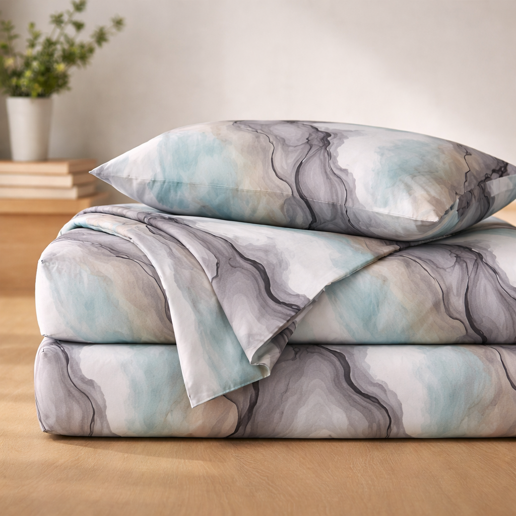 Grey & Teal Marble Queen Size Bedsheet with 2 Pillow Covers | Soft Cotton Double Bed Sheet view 2