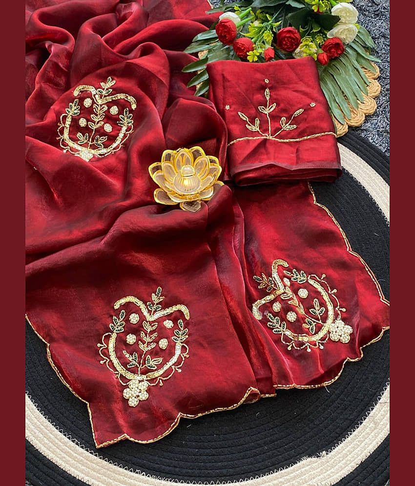 ofline selection Satin Solid Regular Saree With Unstitched Blouse Piece ( Red ) view 2
