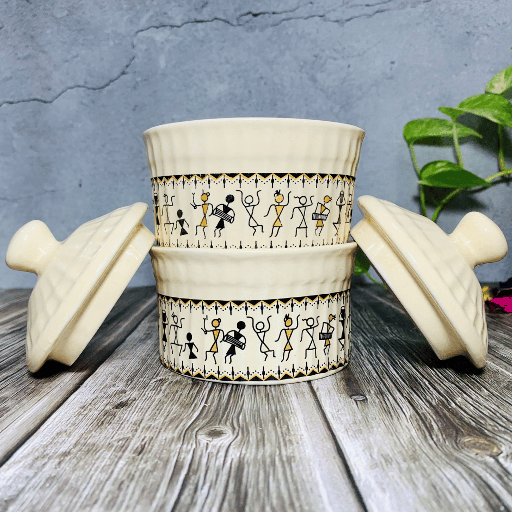 Homefrills Handpainted Multi-Utility Storage Ceramic Jars & Containers with Lid Ceramic Jars for Kitchen& Dining Table Storage Snacks/butter Jar Set of 2(2 jars with Lid) Colour-Ivory view 2