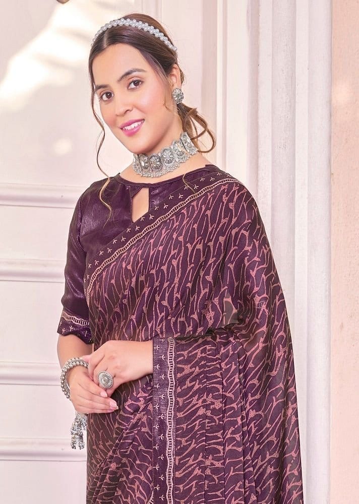 Digital Printed Georgette Saree in Wine view 2
