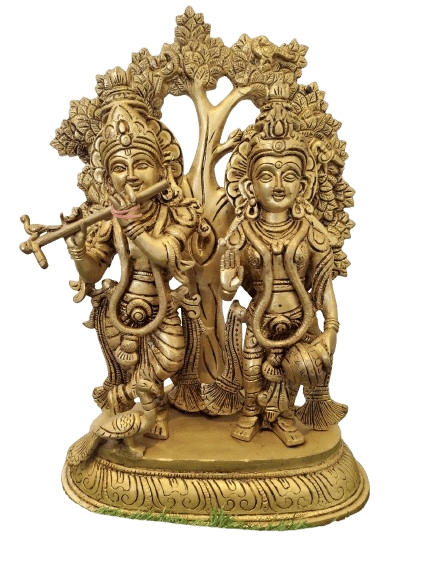 "Divine Brass Statue of Radha Krishna Playing Flute Under Tree"