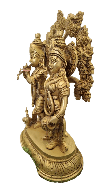 "Divine Brass Statue of Radha Krishna Playing Flute Under Tree" view 2