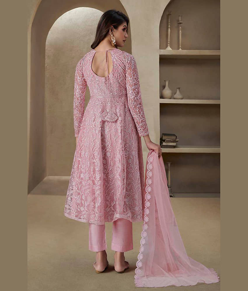VARNI VESH Women Net Embroidered Anarkali Kurti With Pants ( Pink ) view 2