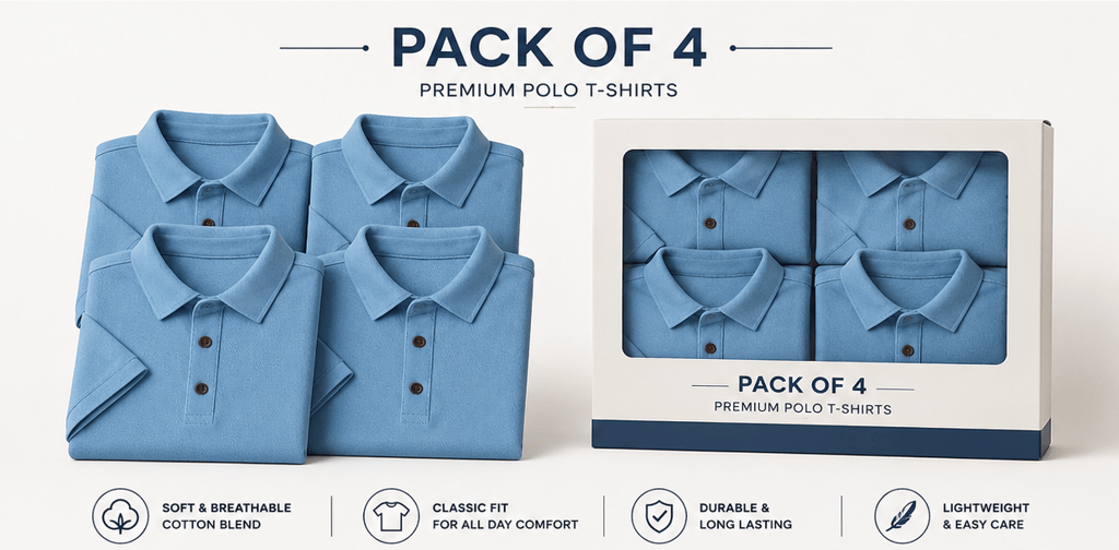 [Pack of 4] Classic Light Blue Polo Shirt – Soft Cotton Blend