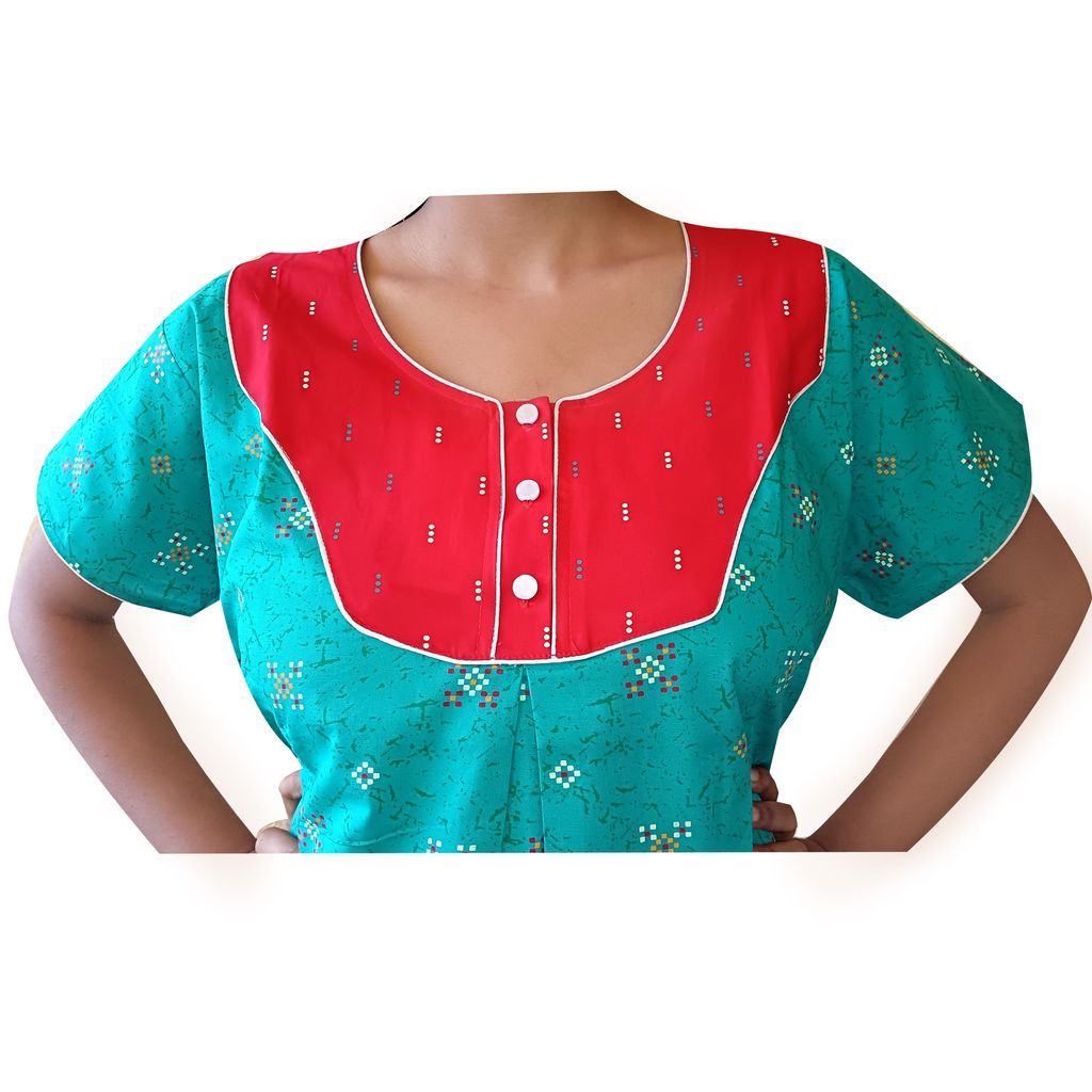 **Green Cotton Printed Nighty With Red Neck And Sleeves Piping** view 2