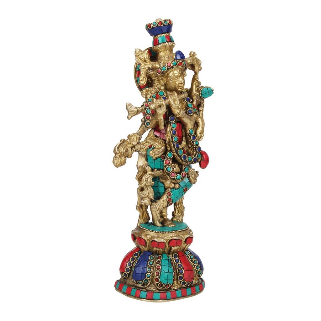 ARTVARKO Brass Murti Lord Murli Krishna Statue Playing Flute Colored Turquoise for Home D?cor Living Pooja Room Mandir Temple Gallary Height 13 Inch view 2