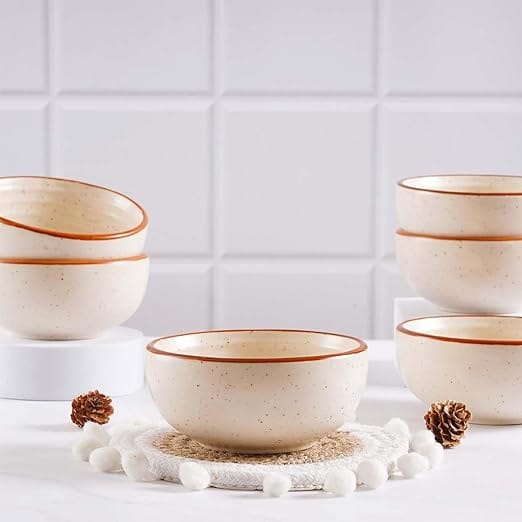 STOREPEDIA Handmade Ceramic Bowls Set of 6, 250 ml Matt Finish Serving Bowl for Vegetable Dessert Snack Fruits, Microwave Safe Bowl Set for Hotel Kitchen Gift, Off White Color view 2