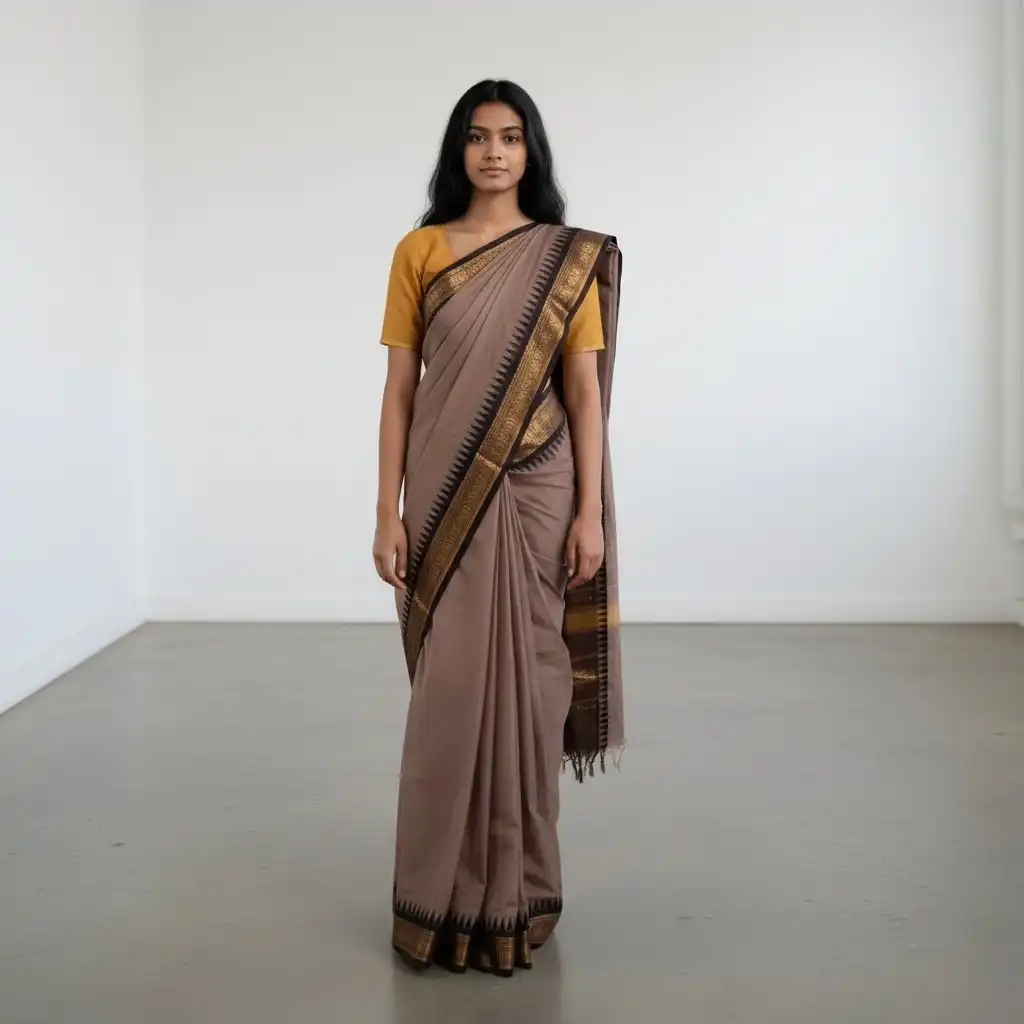 Handwoven Kanchipuram Cotton Saree in Beige with Golden Temple Border