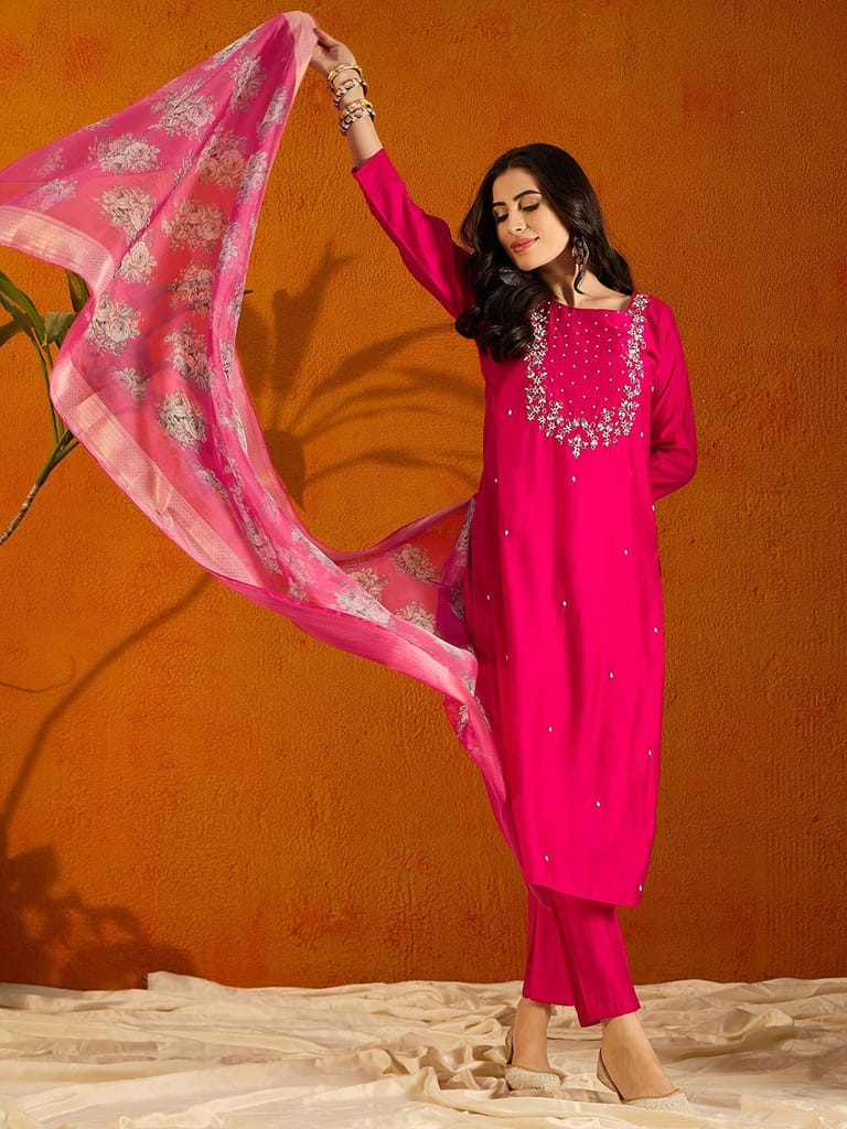 Women Embroidered Straight Kurta Set