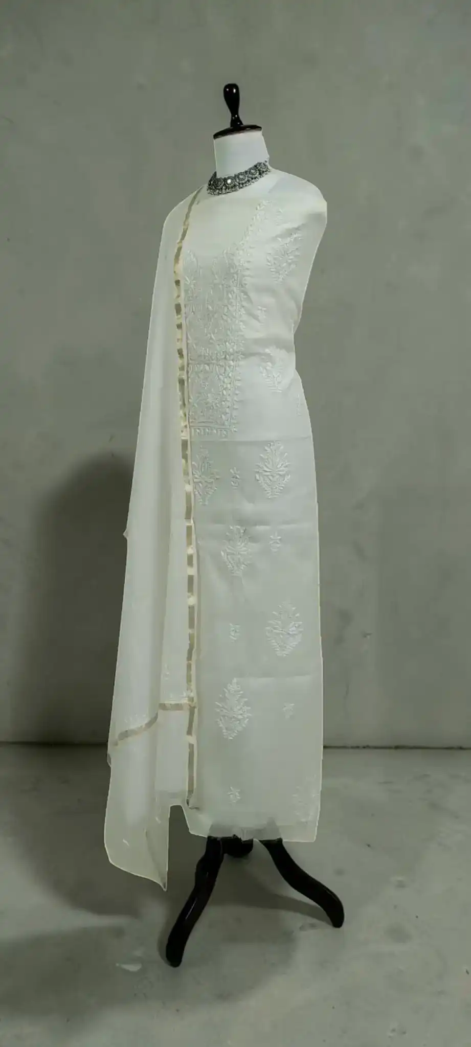 White Mul Cotton Chikankari Dress Material with Dupatta, Hand Embroidered view 2