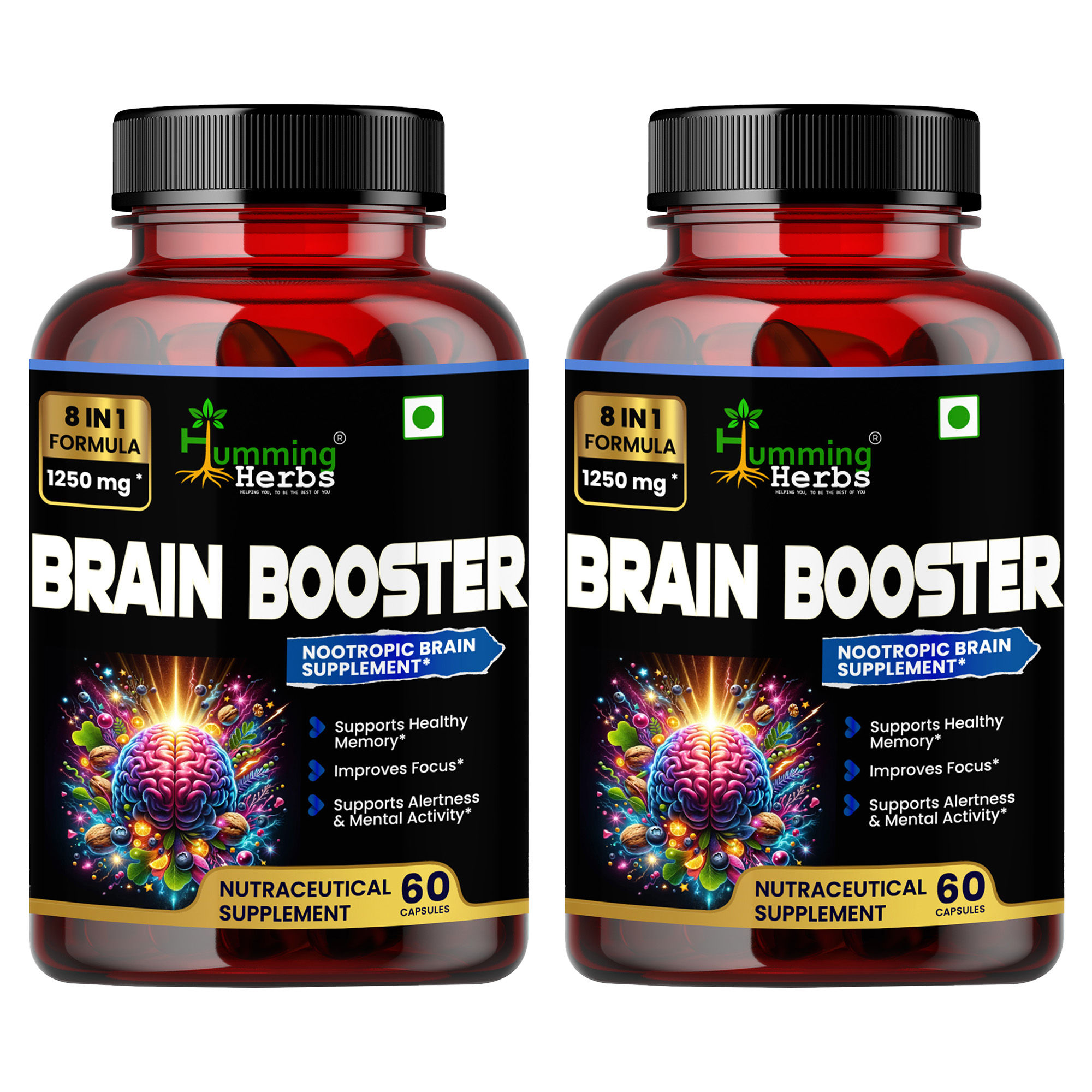 Humming Herbs Brain Booster | Nootropic Brain Supplement for Memory, Focus, & Mental Clarity - 8 in 1 Formula with GABA, Bacopa, Lion's Mane - Pack of 2