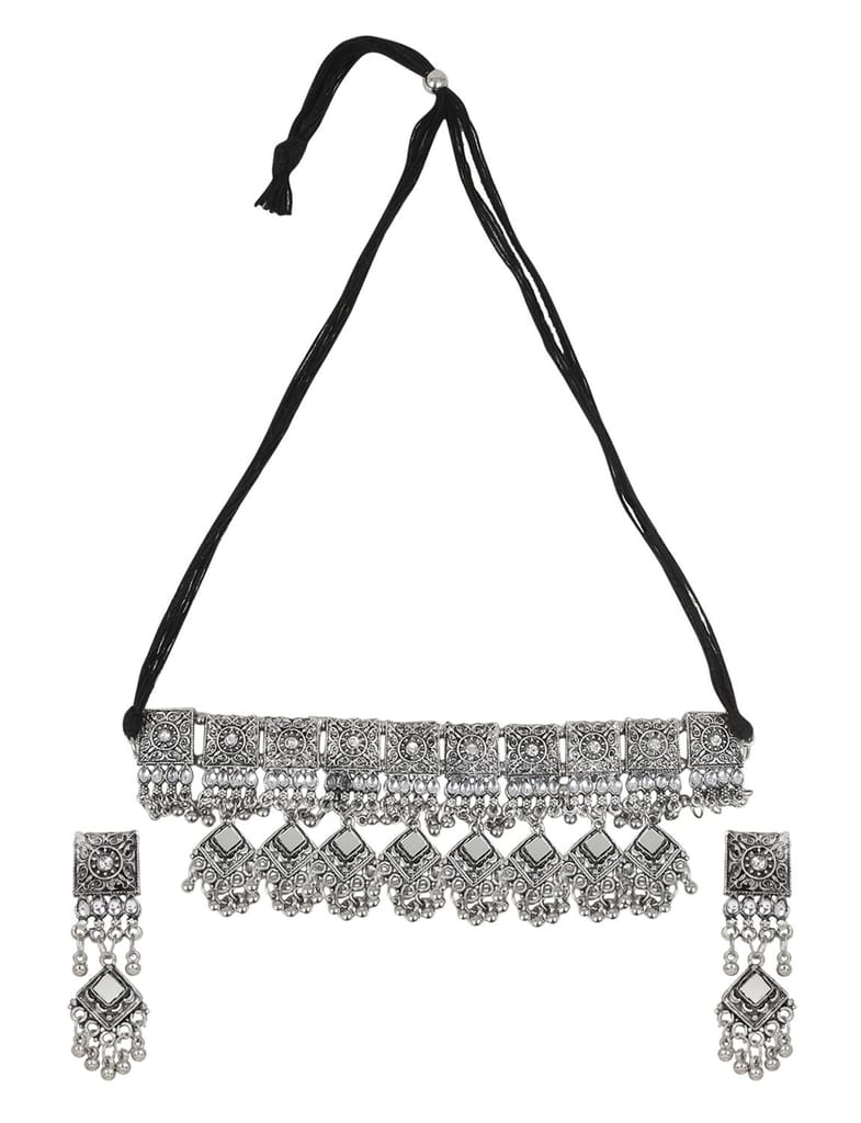 Cardinal Oxidized Silver Color Mirror Choker Necklace Set view 2