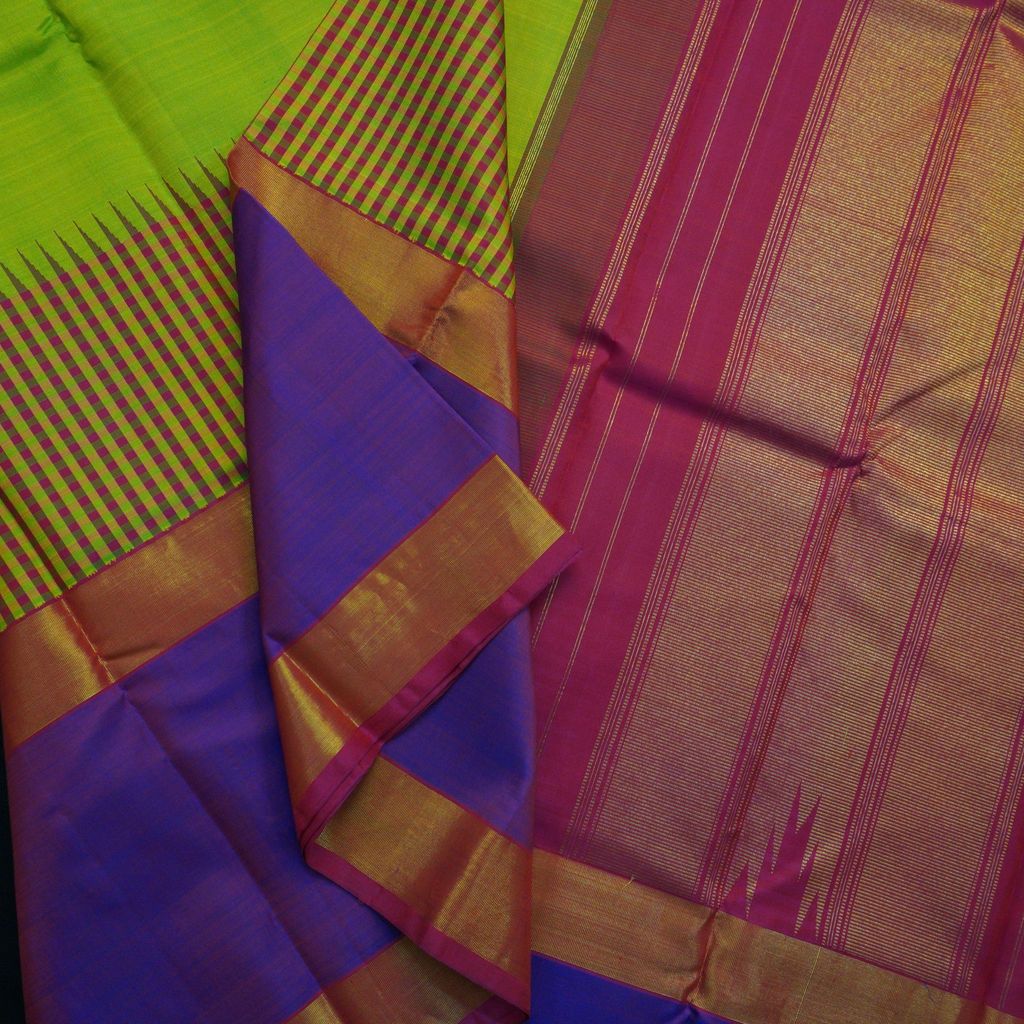 Parrot Green Kanchipuram Silk Saree with Temple Korvai Border view 2