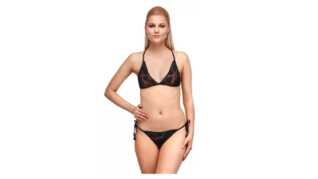 FooFaa Floral Design Satin Bra & Thong Lingerie Set - Soft Material - Free Size view 2