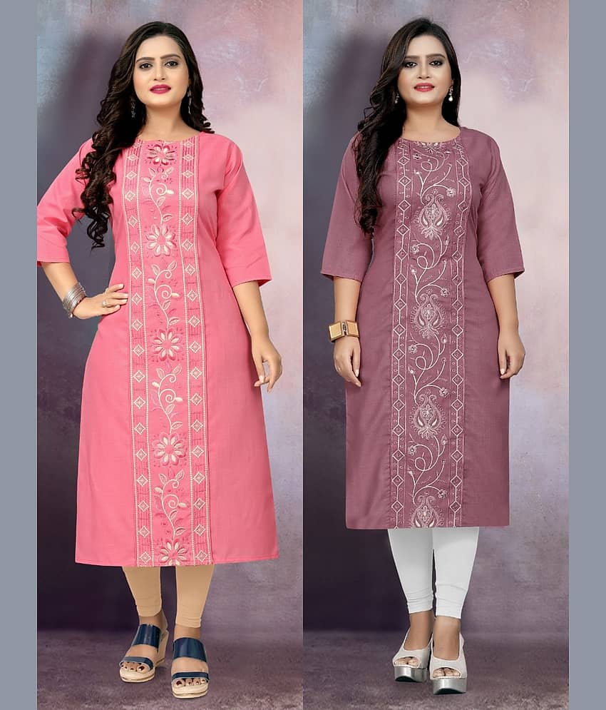RIAANA Women Cotton Blend Embroidered Straight Kurti ( Multicolor )