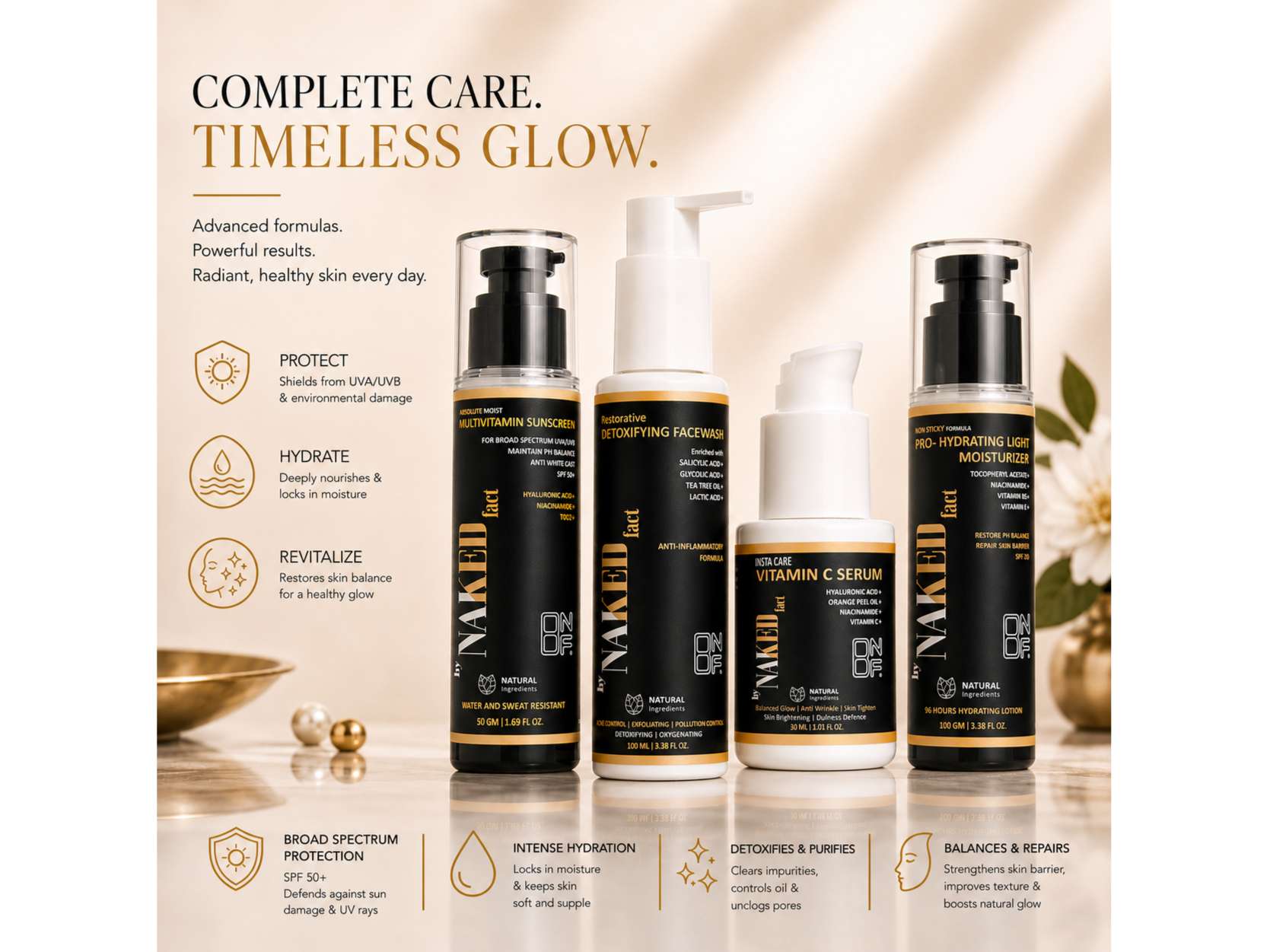 Daily Glow Kit(Detoxifying Facewash-100gm+Hydrating Light Moisturizer-100gm+SPF 50 Sunscreen-50gm+20% Vitamin C Serum-30gm)(Free Lip Balm- 10gm) view 2