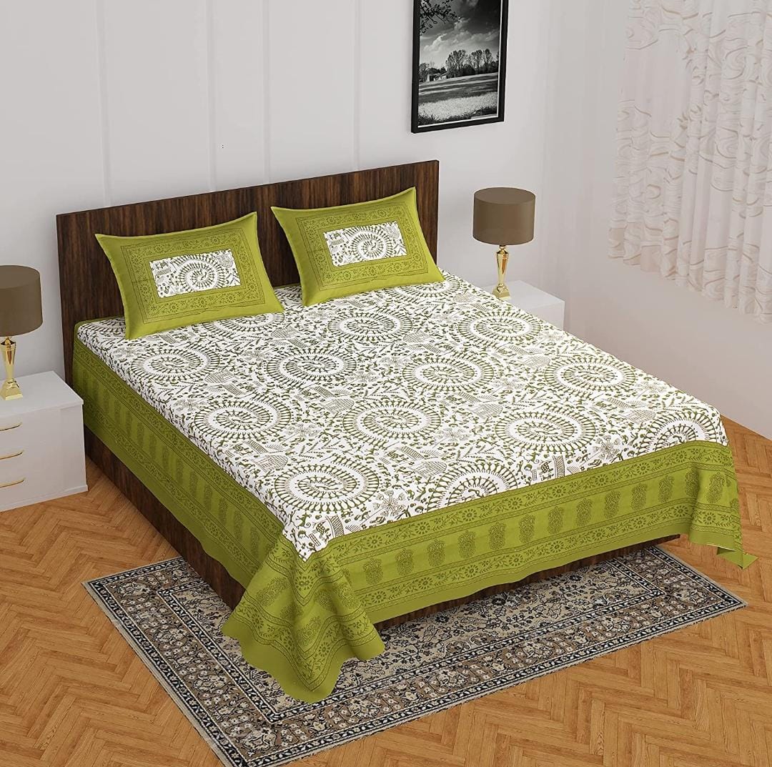 Lali Prints Jaipuri Green Printed Cotton 130 TC Queen Bedsheet with 2 Pillow Covers view 2