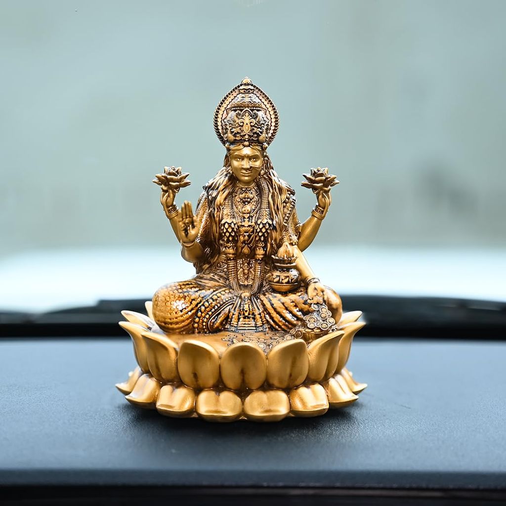Artarium Maa Laxmi Statue Lakshmi Devi Idol Figurine Lakshmi MATA Murti Maa Idol for Car Dashboard Temple Pooja Room Diwali Decoration (Lotus Laxmi 4 inch) view 2