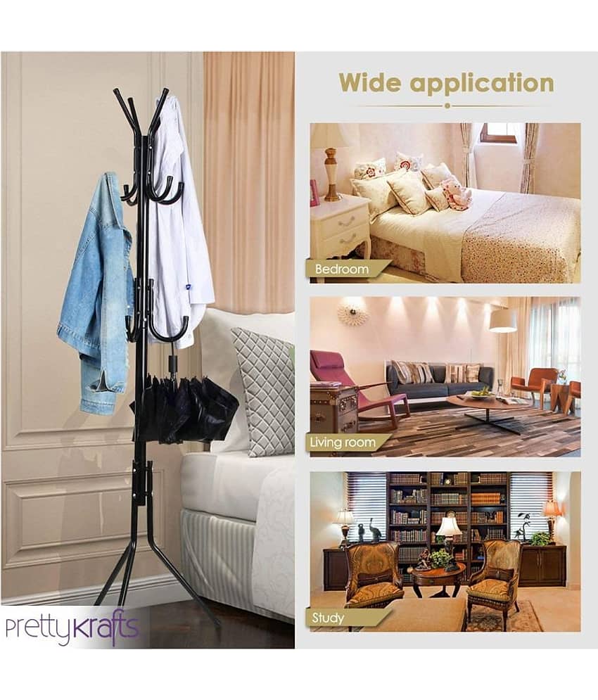 PrettyKrafts 6 Hook Coat Hanger Clothes Stand Hanging Pole Wrought Iron Rack Standing Shelf Unit for Home, Bedroom Space Saver Storage Organizer for Garments, Scarf, Bag, Umbrella (Black/170 x 42cm) view 2