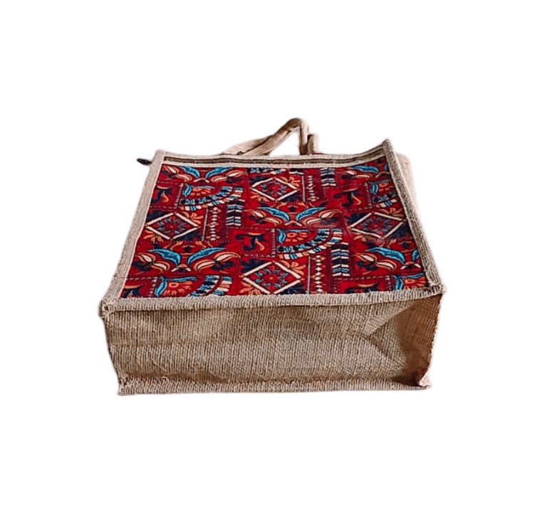 Red and Blue Geometric Print Jute Tote Bag with Zipper view 2
