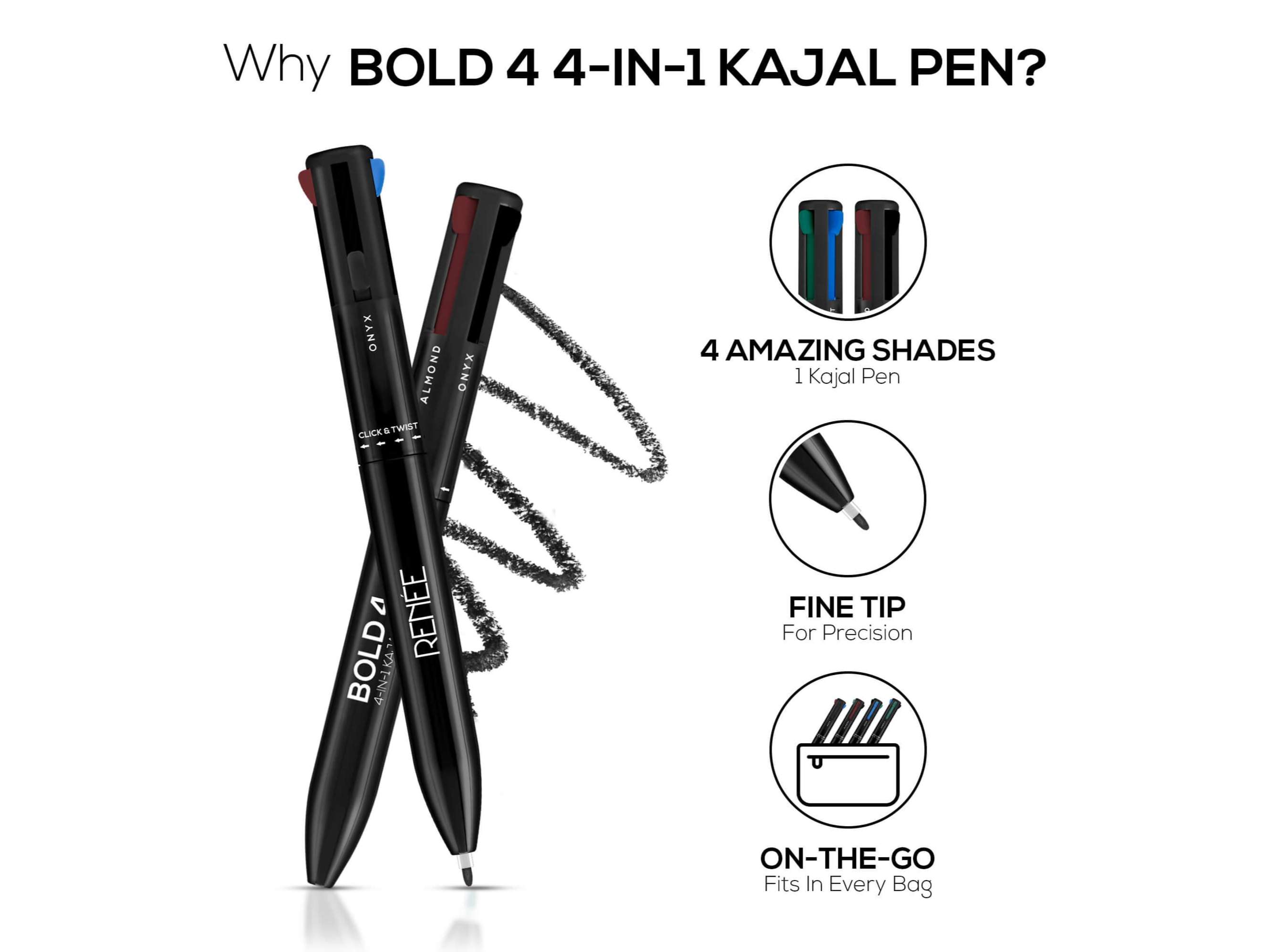 RENEE Bold 4 4-IN-1 Kajal, Four Shades Black, Brown, Teal & Blue, Matte Finish, Rich Color Payoff, One-stroke Application, Travel Friendly & Easy To Use view 2