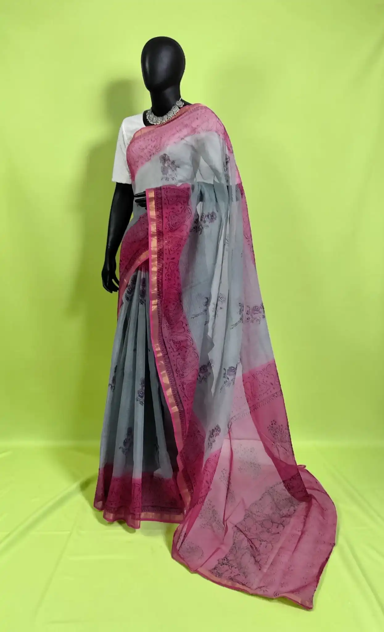 Handloom Kota Doria Saree with Block Print and Zari Border view 2