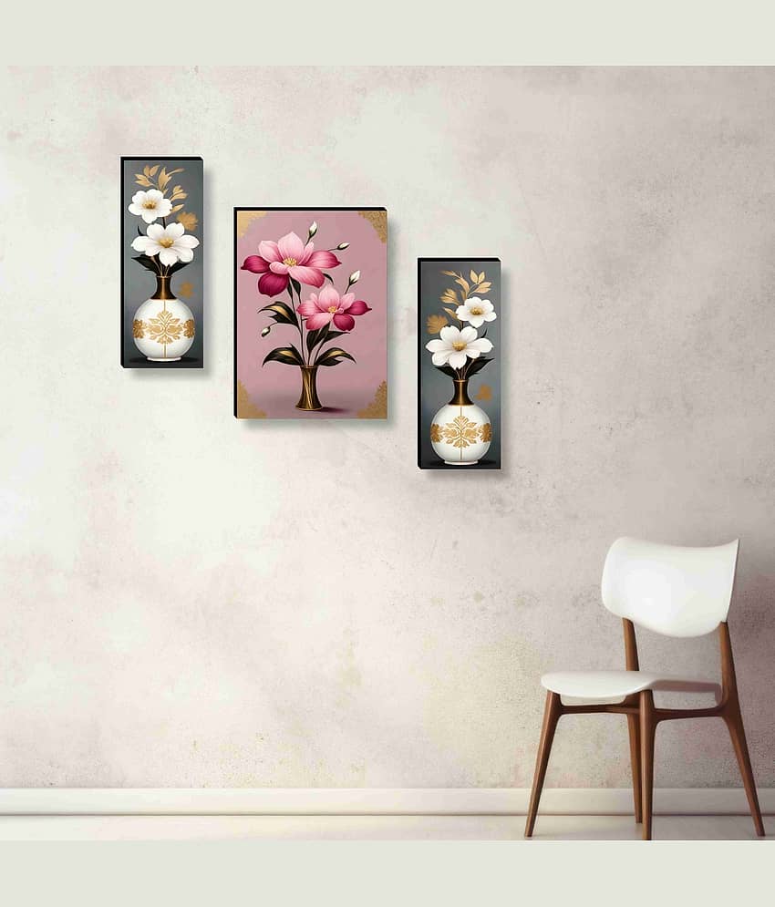 SAF Golden Vase Floral Wall Art – 3 Panel Classic White Flower Painting with Pink & Grey Background for Hall & Elegant Décor 12 Inch x 20 Inch view 2