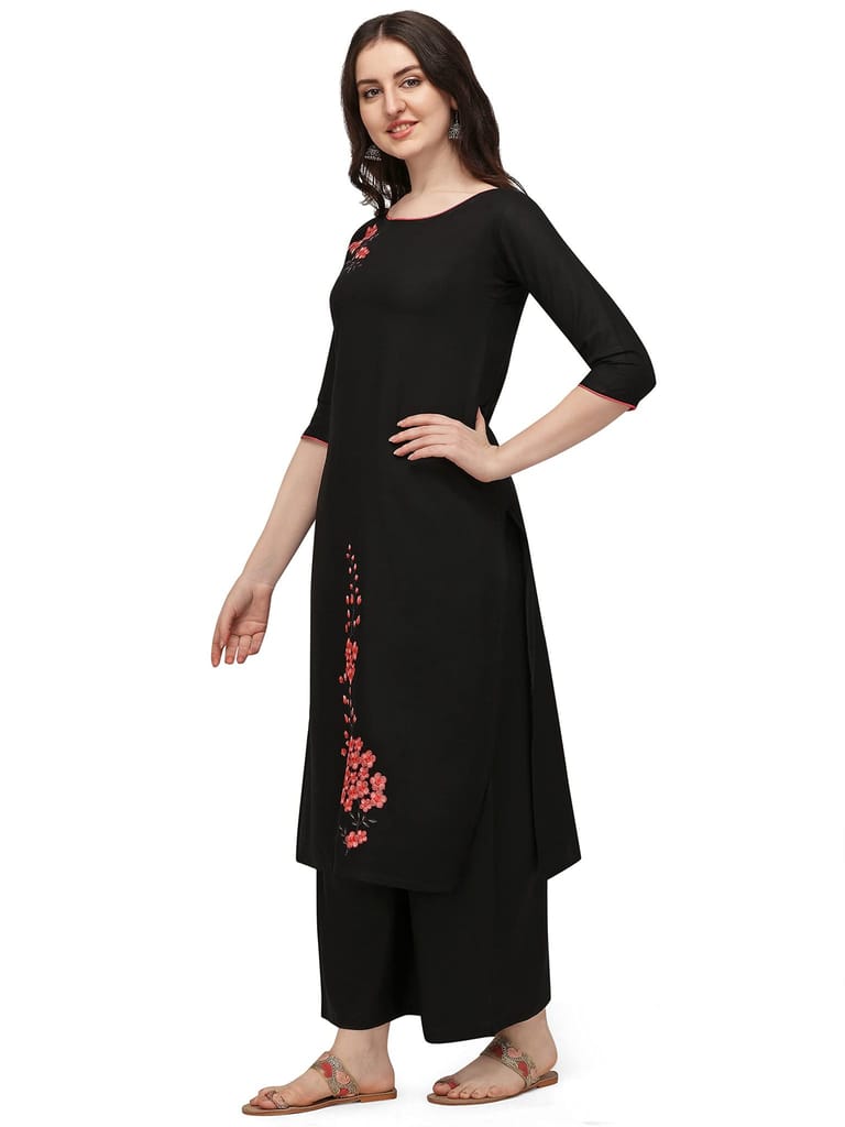 Florence Women Women's Black Rayon Embroidered Kurta Palazzo Set(KTN-335-PZ-109(L),Black) view 2