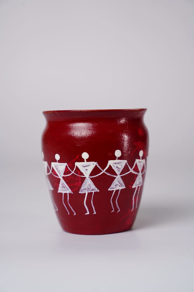 Hand-Painted Terracotta Pot with Traditional Warli Art view 2