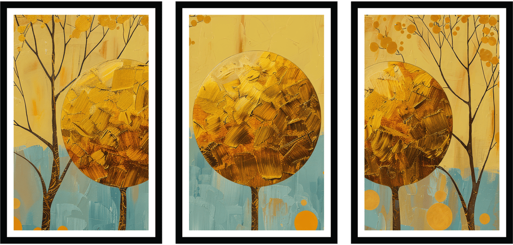 BLOMMING GOLDEN 3 PIECE PAINTINGS 48in X 24in WITH BLACK FRAME view 2