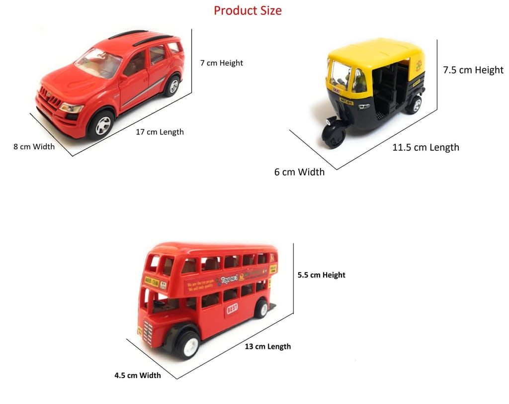 The Game Begins Kid's Pull Back and Go Openable Doors Mini Vehicle Toys of XUV 500 Car, Auto Rickshaw and Double Decker Bus -Set of 3 view 2