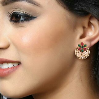 Vivastri Traditional Alloy Pearl Gold Plated Stud Earrings for Women & Girls [VIVA2569ERG-MULTI] view 2