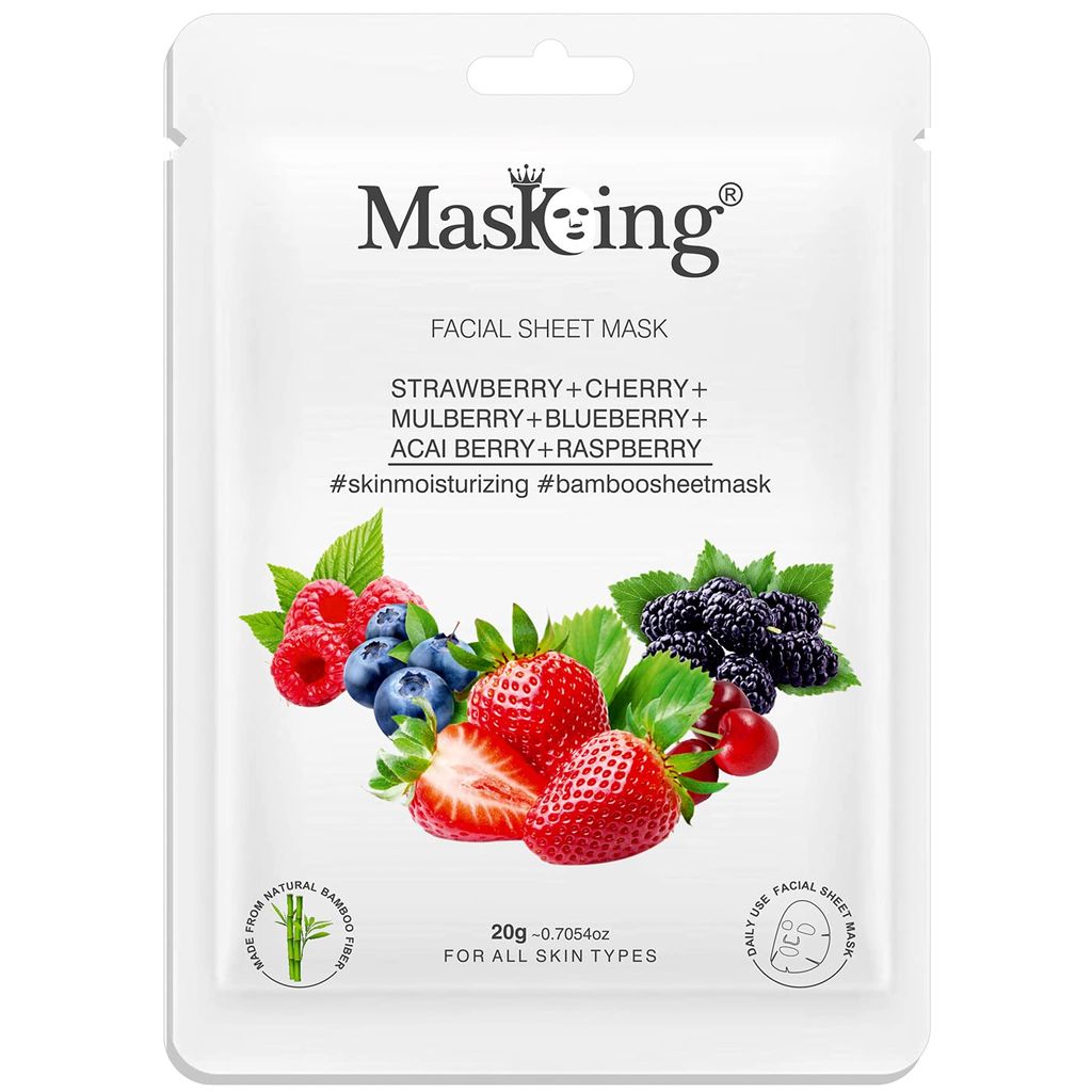 MasKing Bamboo Facial Sheet Mask of Strawberry, Cherry, Mulberry, Blueberry, Acai Berry & Raspberry for Skin Moisturizing Ideal for Women & Men, 20ml each (Pack of 4) view 2