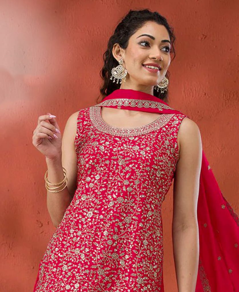 Designer Red Georgette Sharara Suit for Women view 2